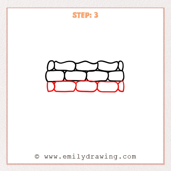 how to draw a brick wall - Step 3 of how to draw a brick wall: a third row of rounded bricks is added beneath the first two rows, with staggered joints.